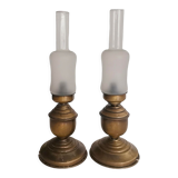 Portuguese rustic brass and frosted glass bedside lamps 1960s set of 2