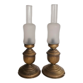 Portuguese rustic brass and frosted glass bedside lamps 1960s set of 2