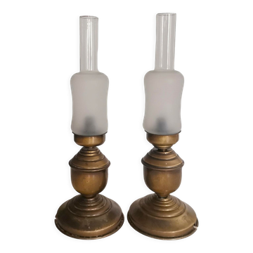 Portuguese rustic brass and frosted glass bedside lamps 1960s set of 2