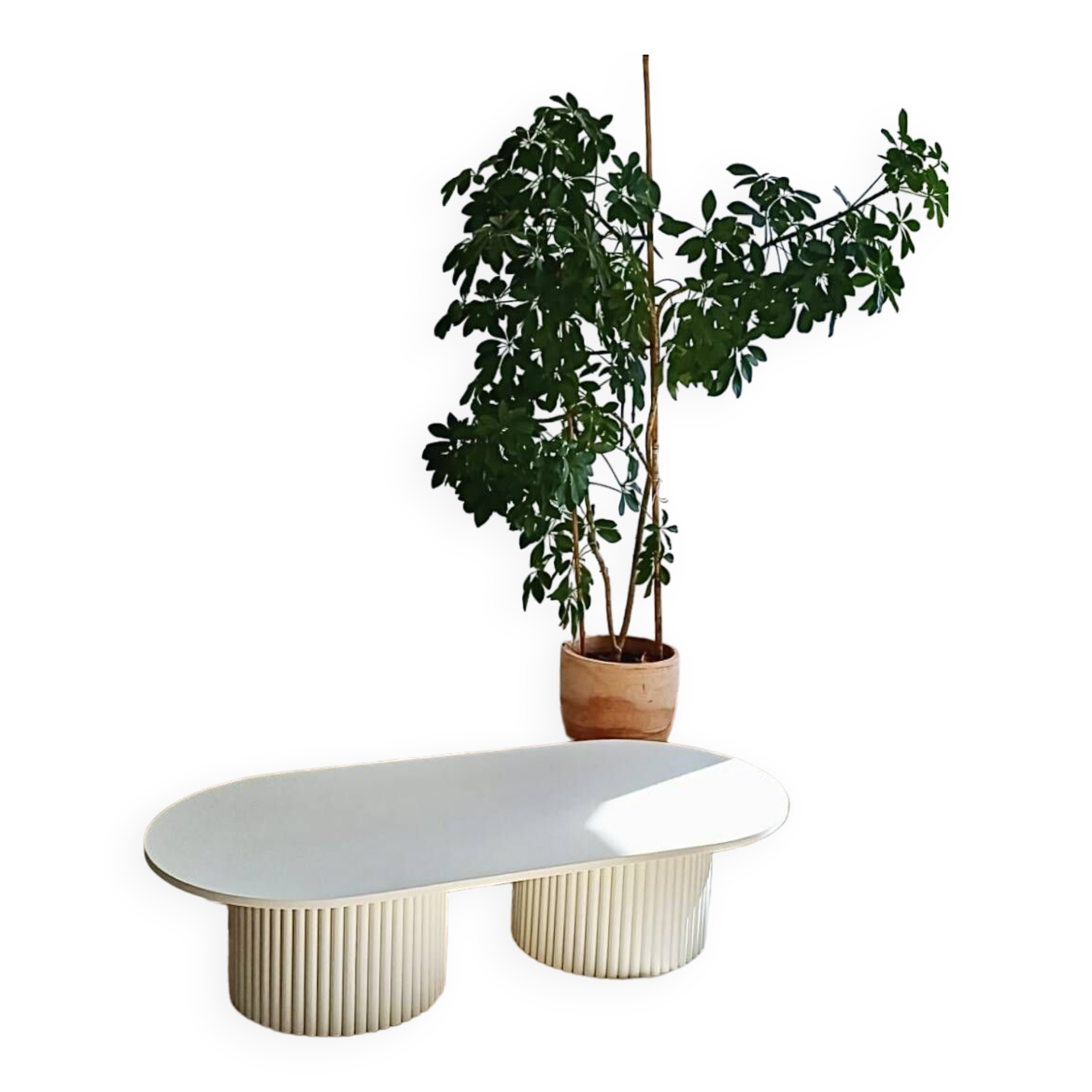 oblong coffee table on 2 fluted bases in light beige