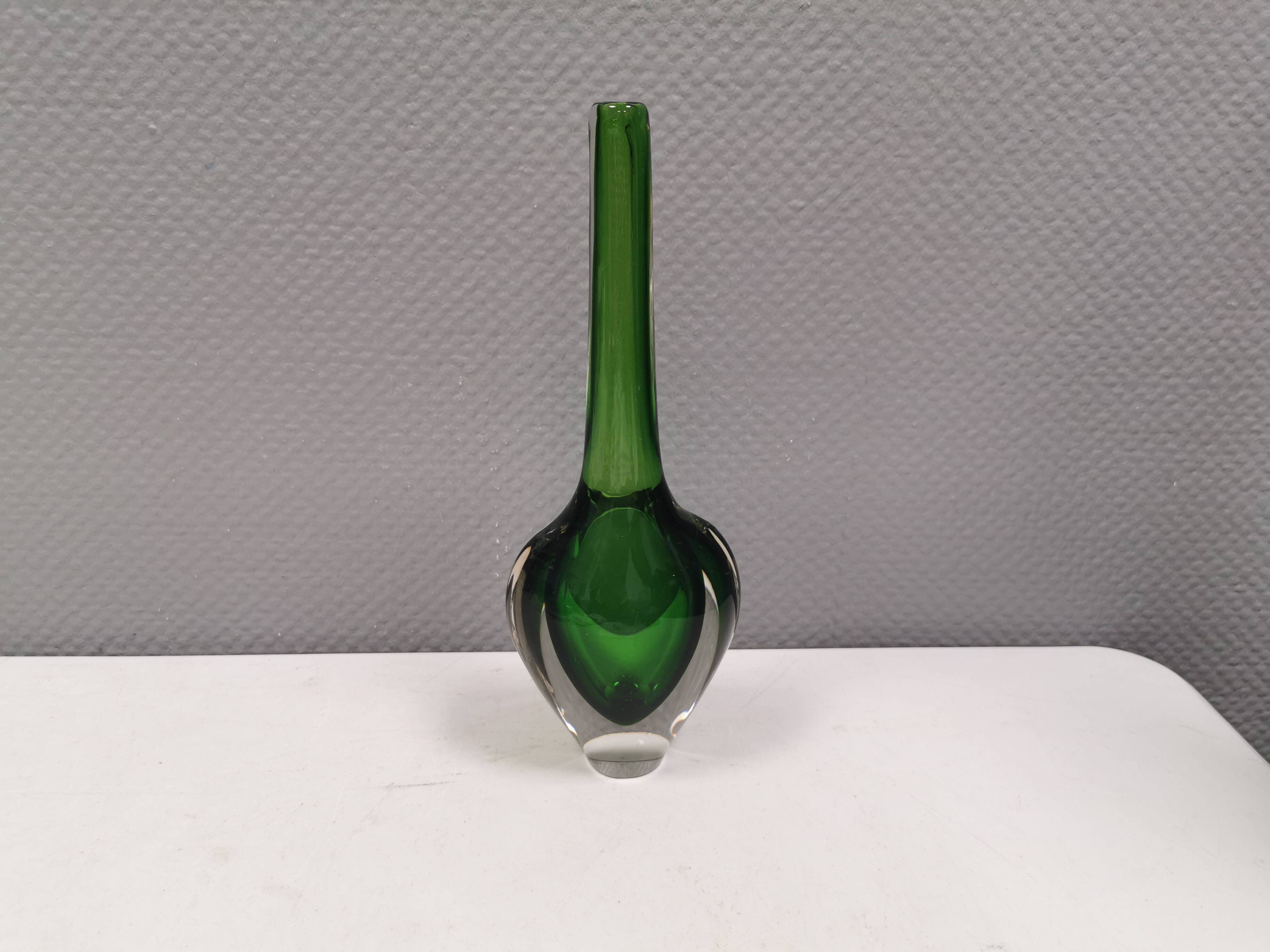 Handmade Murano vase in green and transparent. Estimated 1970-1980
