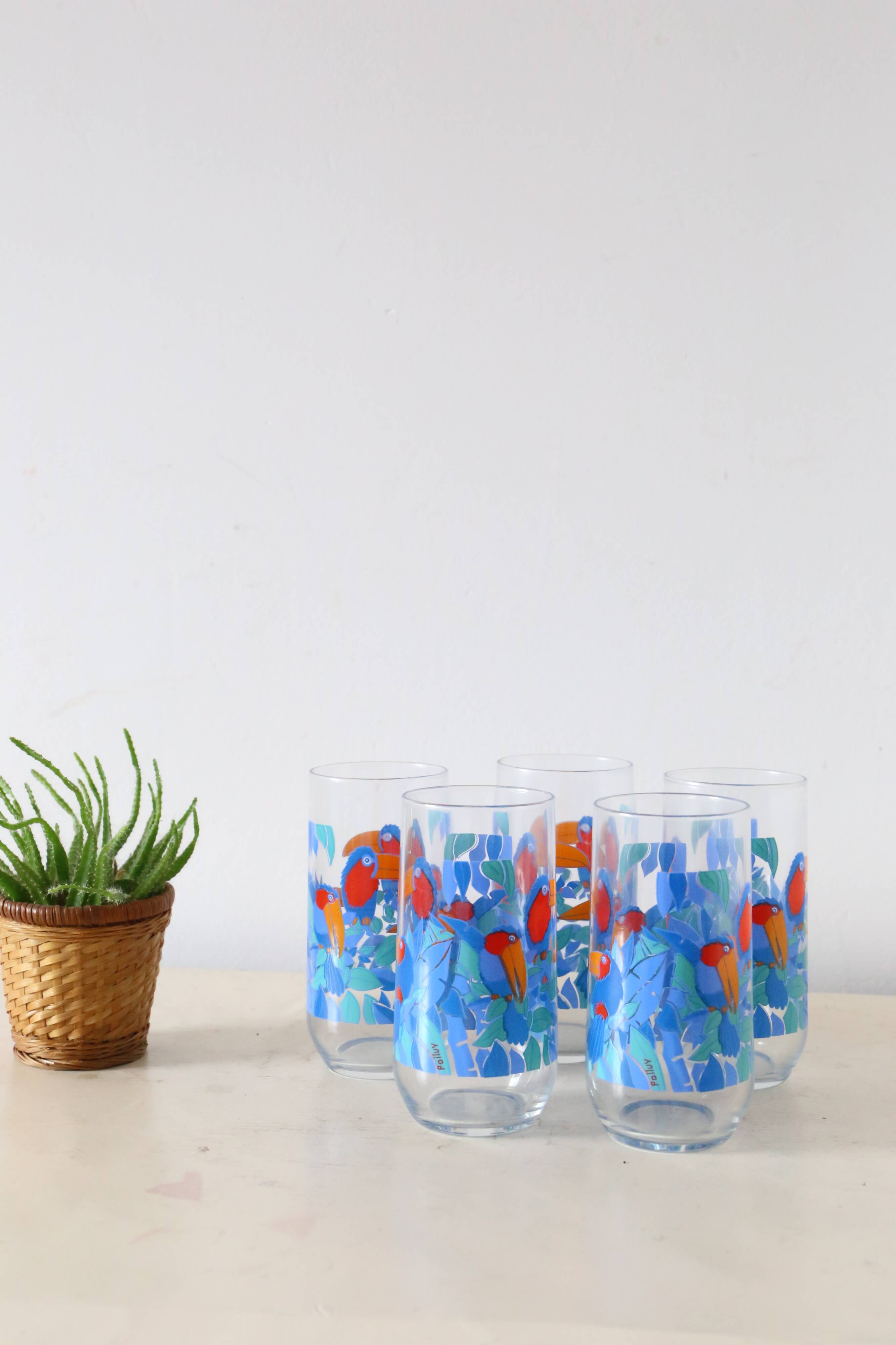Set of 5 water glasses, bird decorations, 70s/80s, vintage