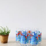 Set of 5 water glasses, bird decorations, 70s/80s, vintage