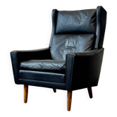 Fauteuil en cuir à oreilles, Danemark années 1970, vintage, milieu du design moderne.
