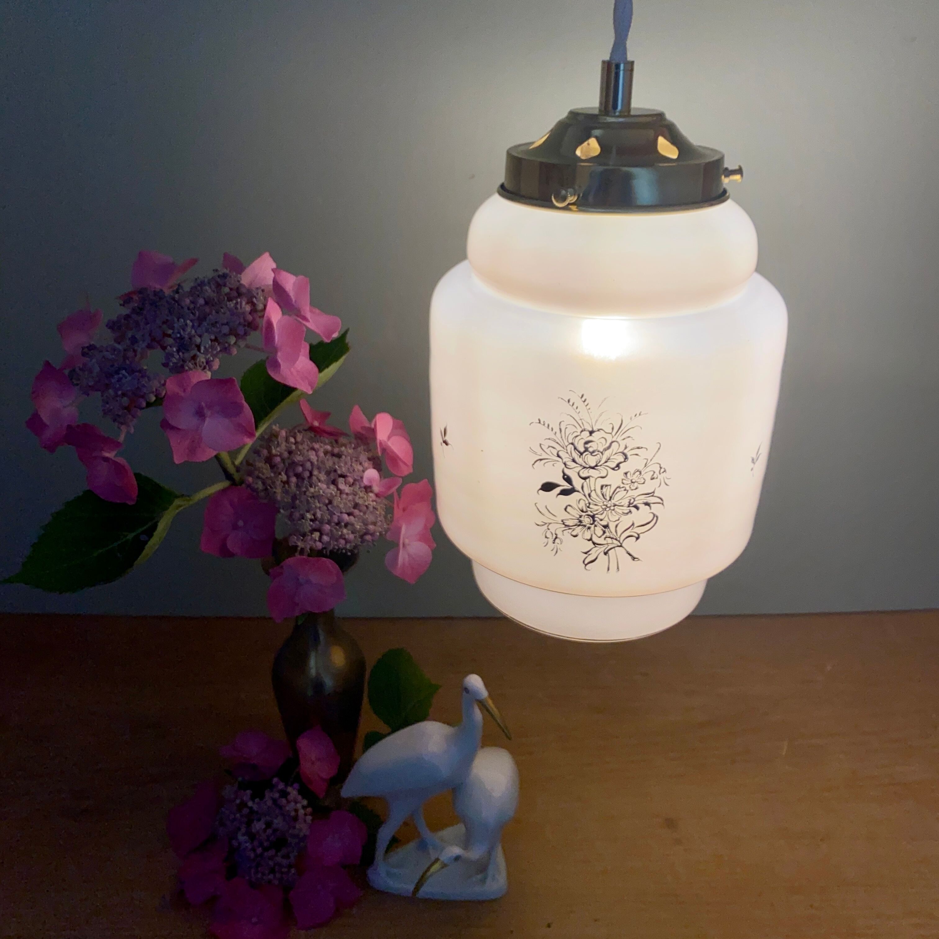 Vintage pink opaline globe pendant lamp with gold designs