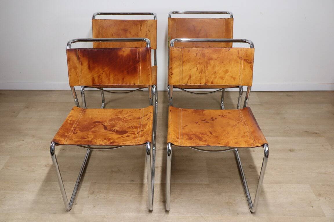 Set of 4 vintage leather and chrome metal chairs, 1970
