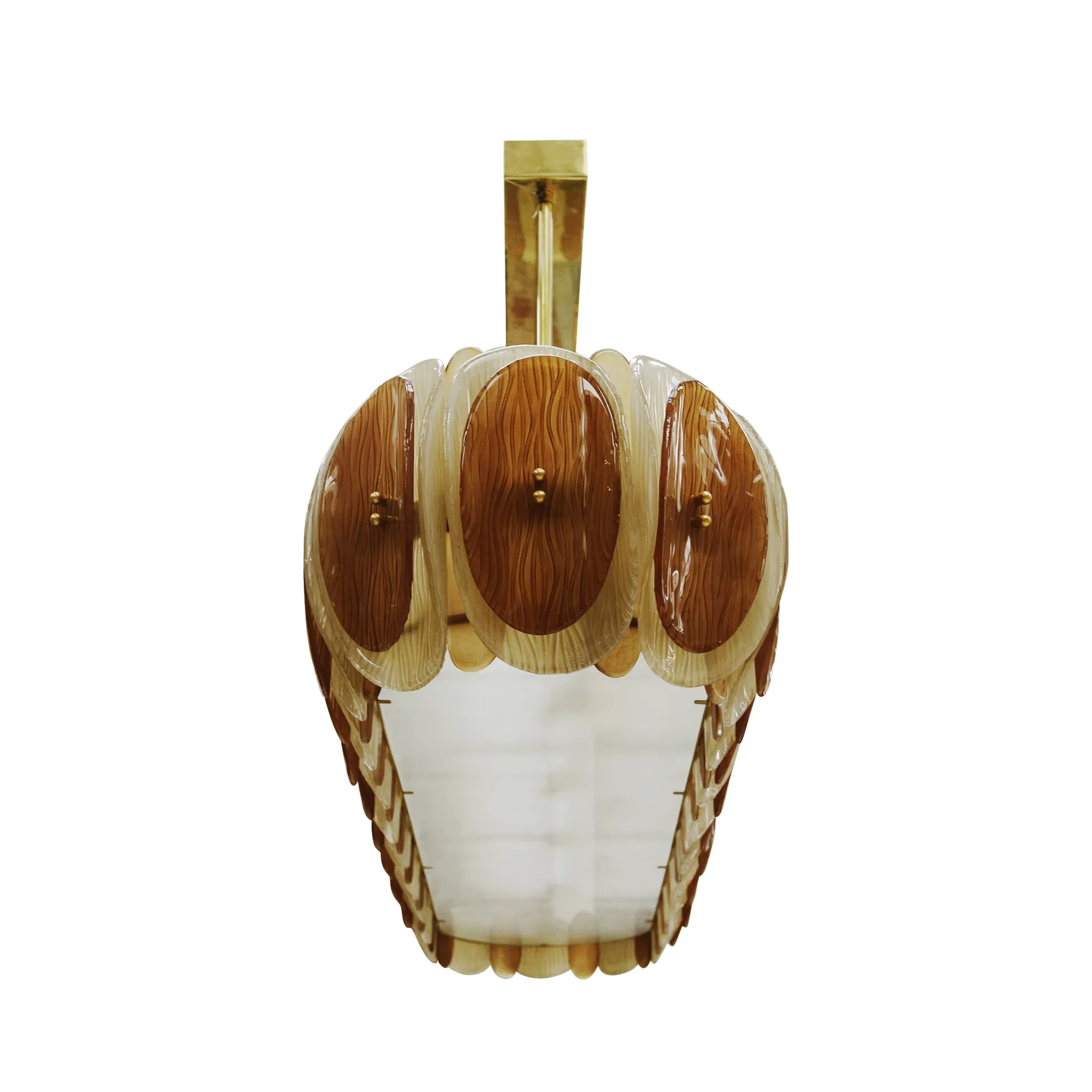 Midmodern Style Italian Brass Pendant Lamp, Brown And Beige Murano Glass