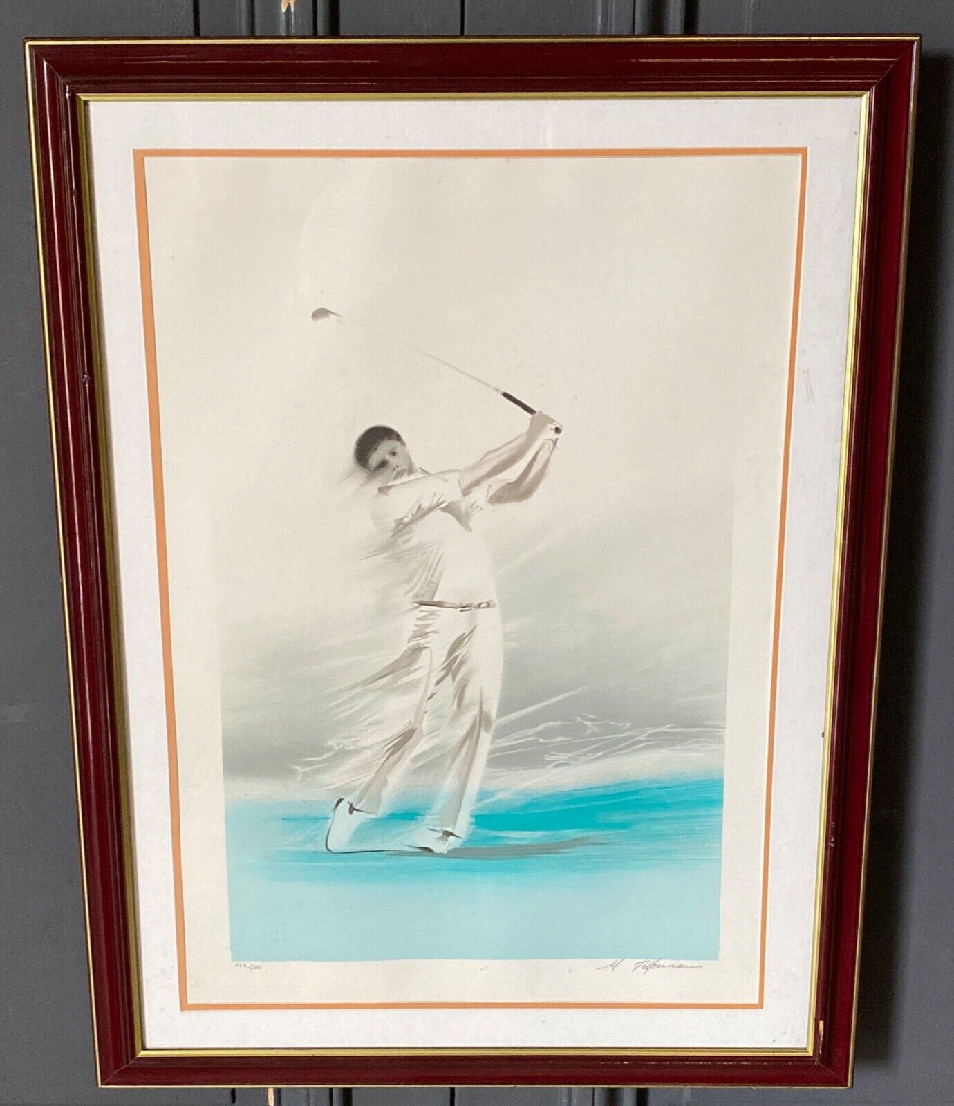 Lithograph Maurice Fillonneau Golfer 144/600 Aqua-Blues Certificate