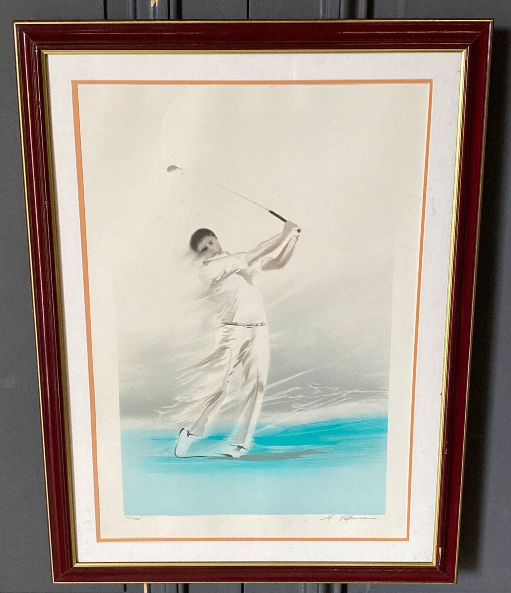 Lithograph Maurice Fillonneau Golfer 144/600 Aqua-Blues Certificate