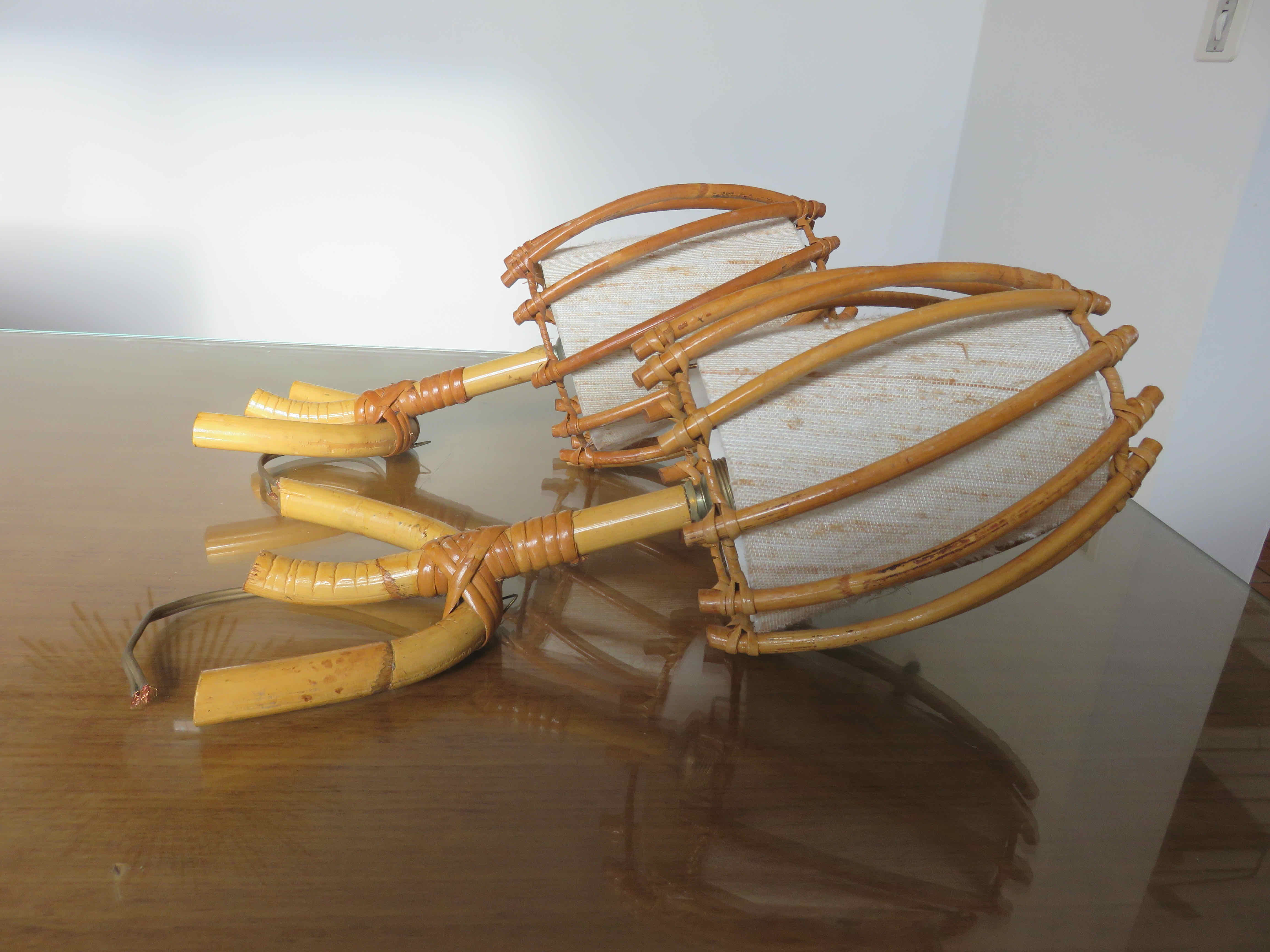 Pair of sconces Louis Sognot in rattan, bamboo 60s