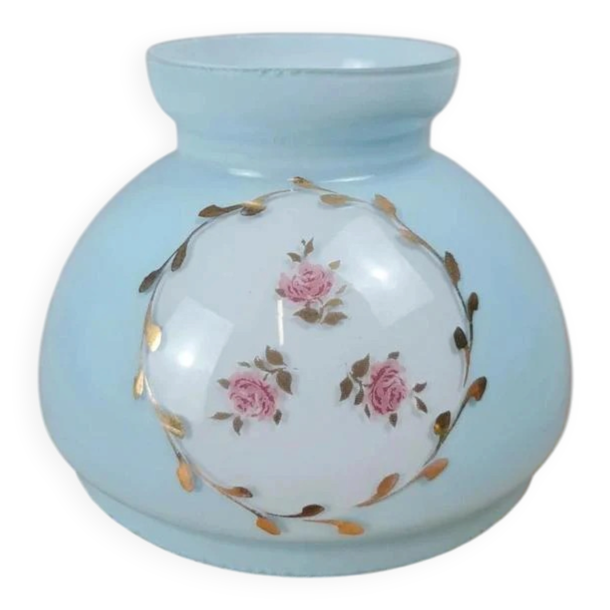 Abat-jour ancien en opaline bleue décor roses
