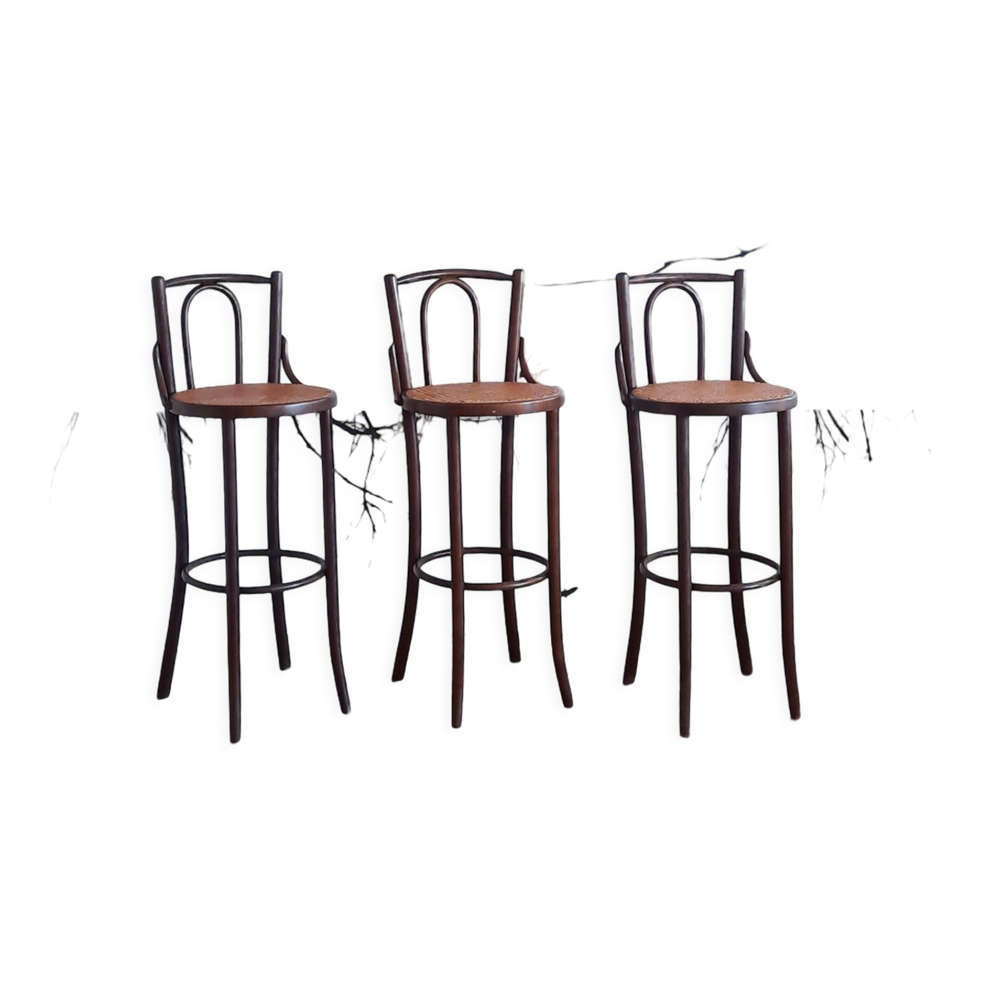 Set of 3 bentwood bar stools with rattan seats, 1970s
