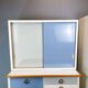 Kitchen cabinets, pastel blue and light gray, vintage from the 60s