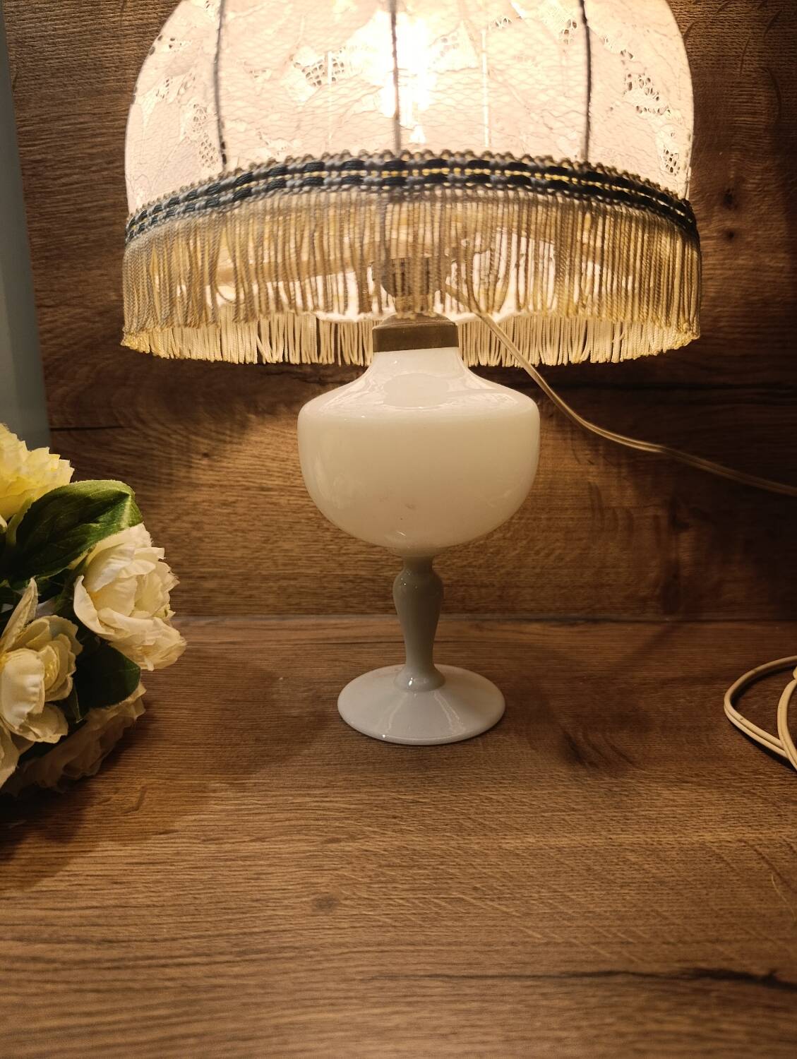 white bedside lamp with lace and opaline bohemian chic