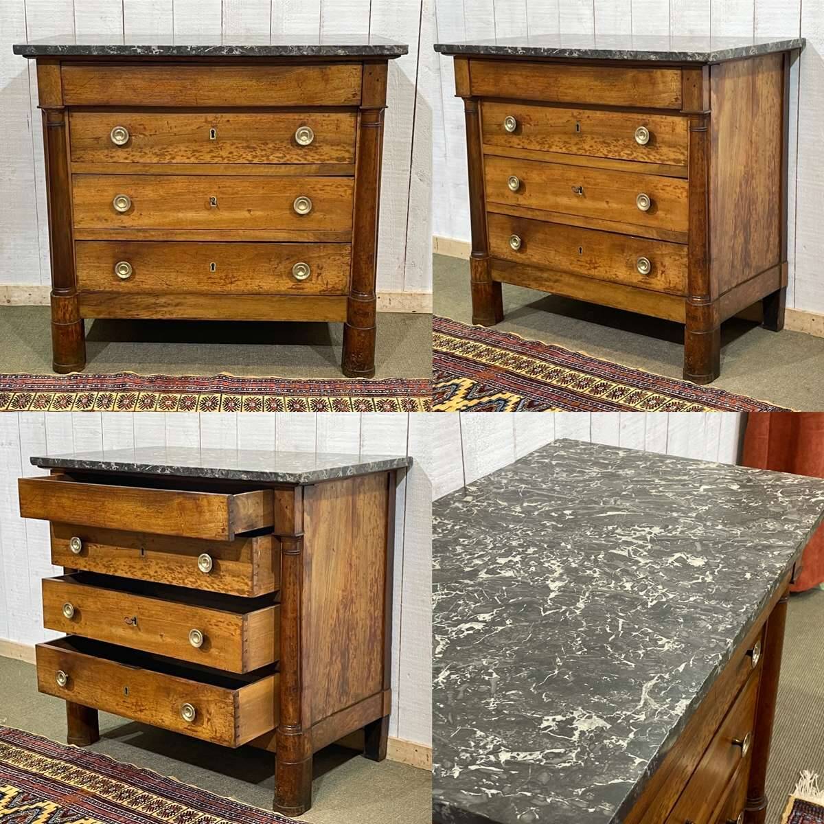 19th-century Empire commode in walnut with a grey St Anne marble top.