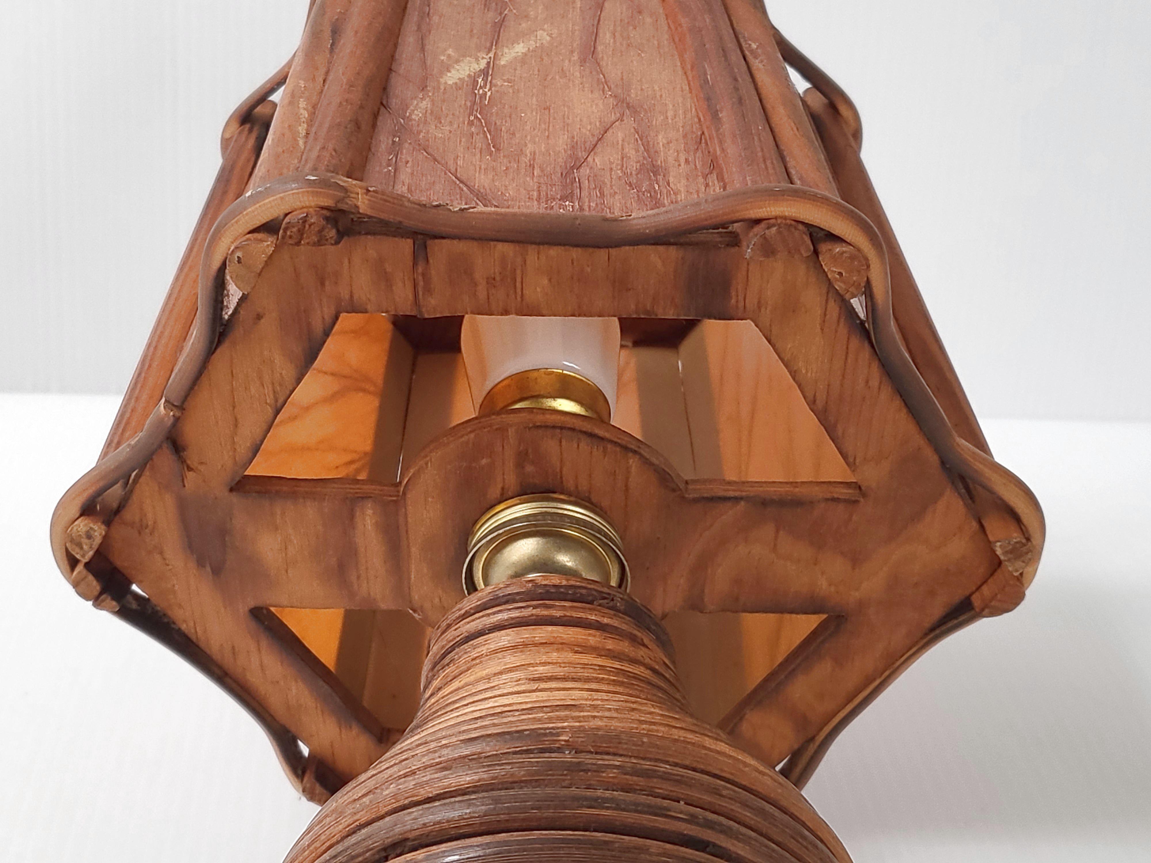 Lampe vintage 1960 bois & rotin