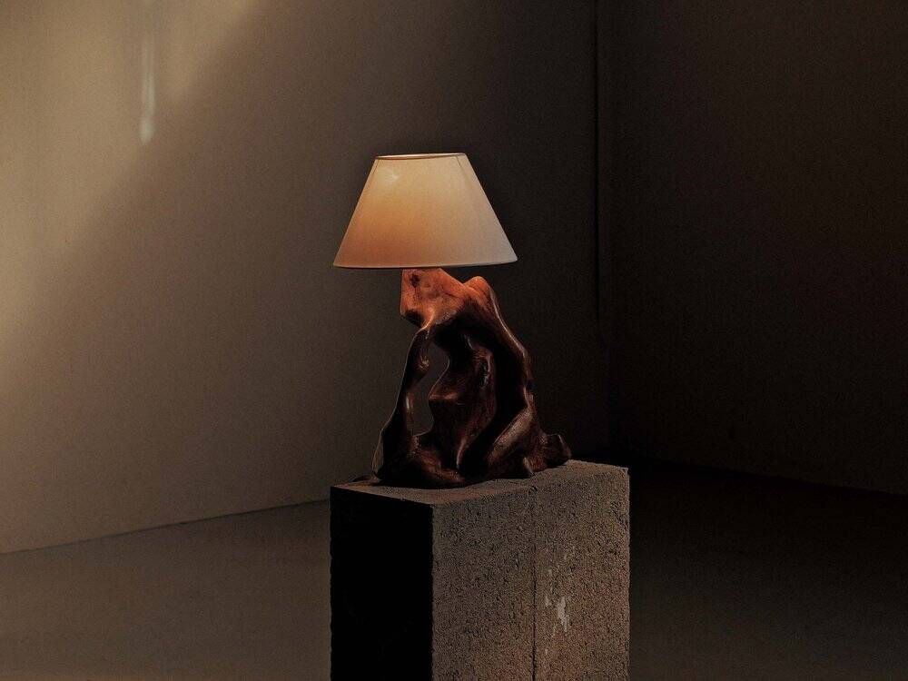 Sculptural lamp made of olive wood, around 1960.