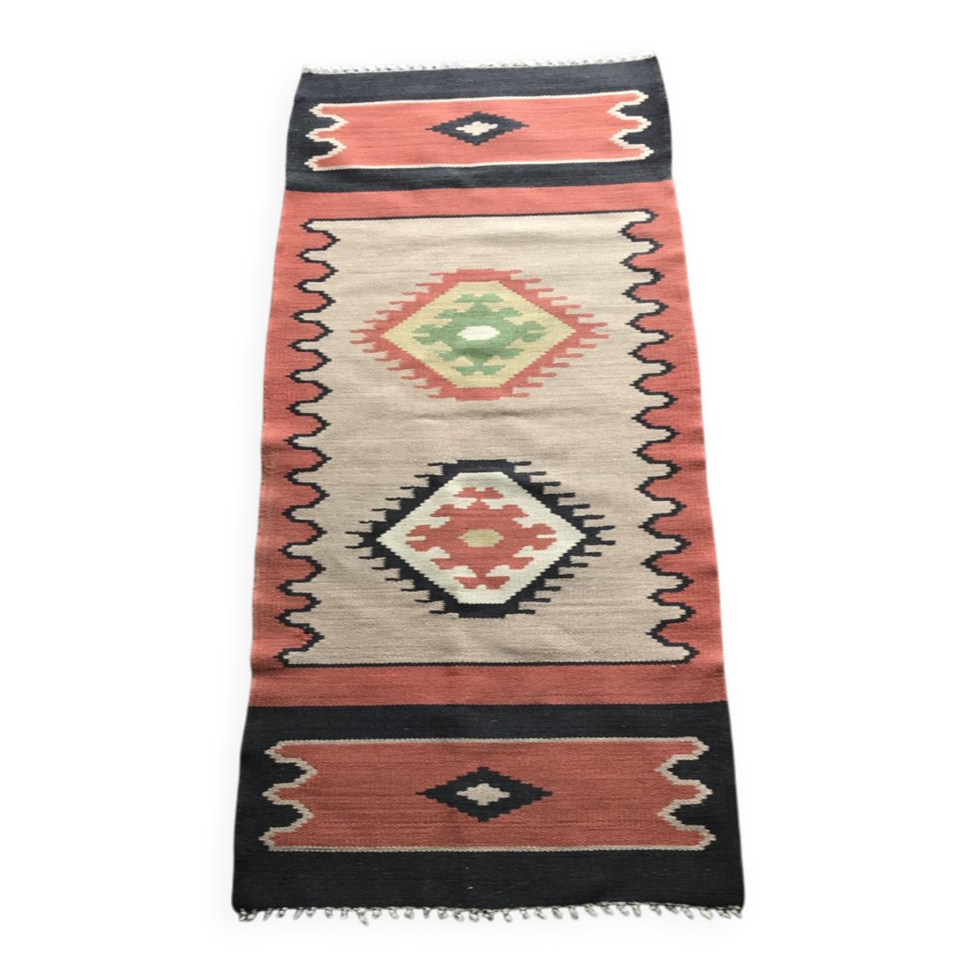 Mid-Century brown runner rug in flatweave kilim fabric, geometric patterns 127x59 cm