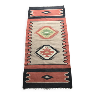 Mid-Century brown runner rug in flatweave kilim fabric, geometric patterns 127x59 cm
