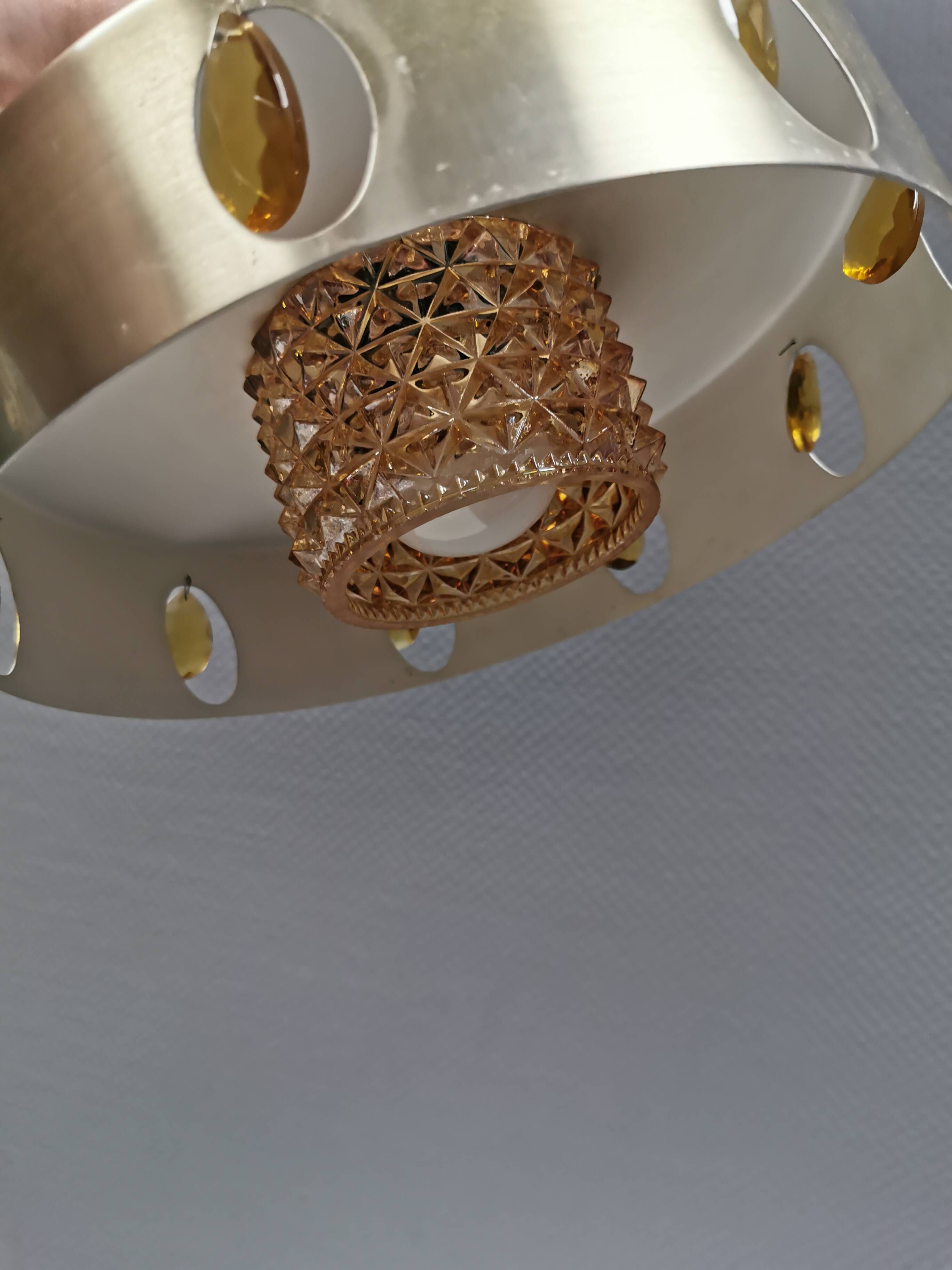 Danish hanging lamp made of glass, metal and with amber colored prisms