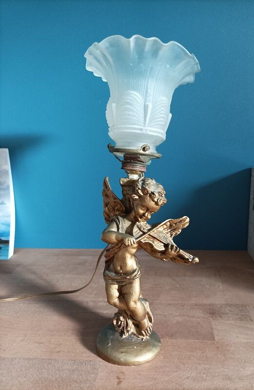Bedside lamp Angel tulip glass base patinated golden resin