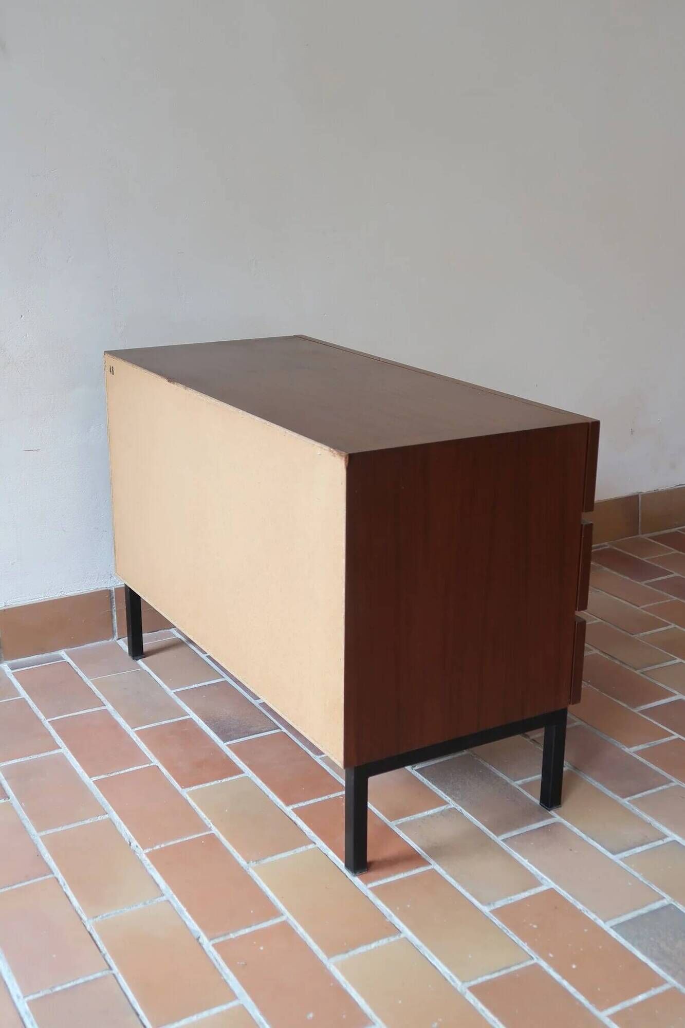 Teak chest of drawers with 3 drawers, black metal legs, 1960s.