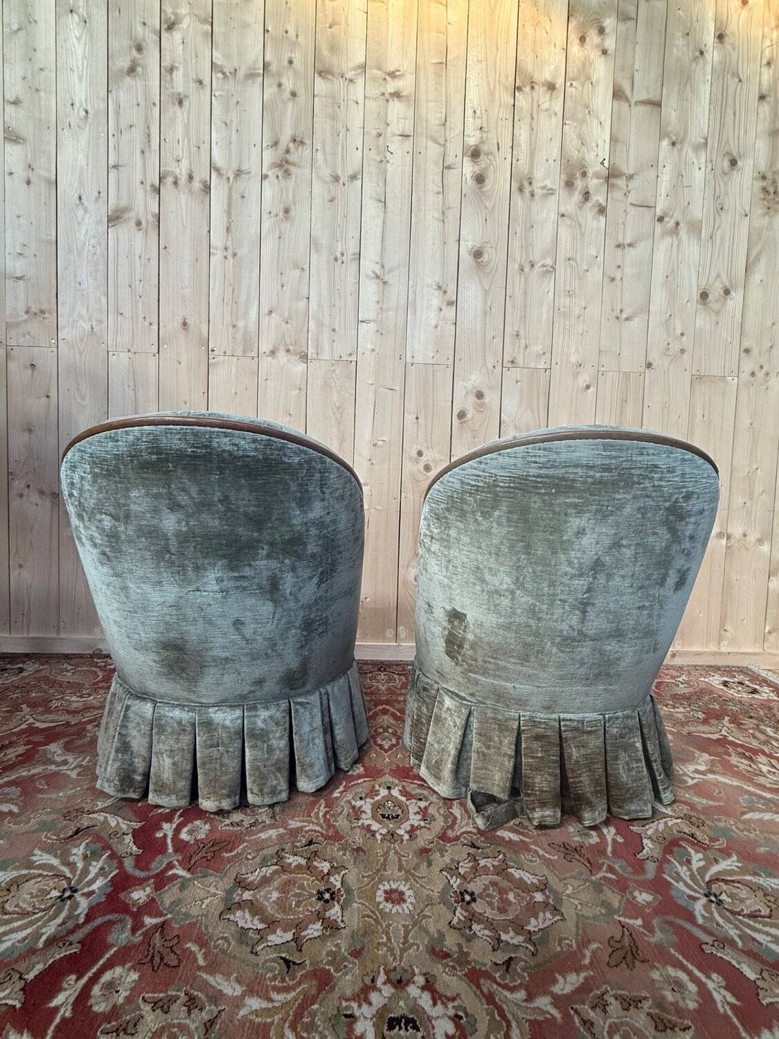 Pair of Napoleon III frog armchairs in grey-blue velvet