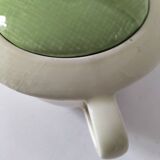 Two sugar bowls and a textured plate in turquoise and green Salins earthenware.