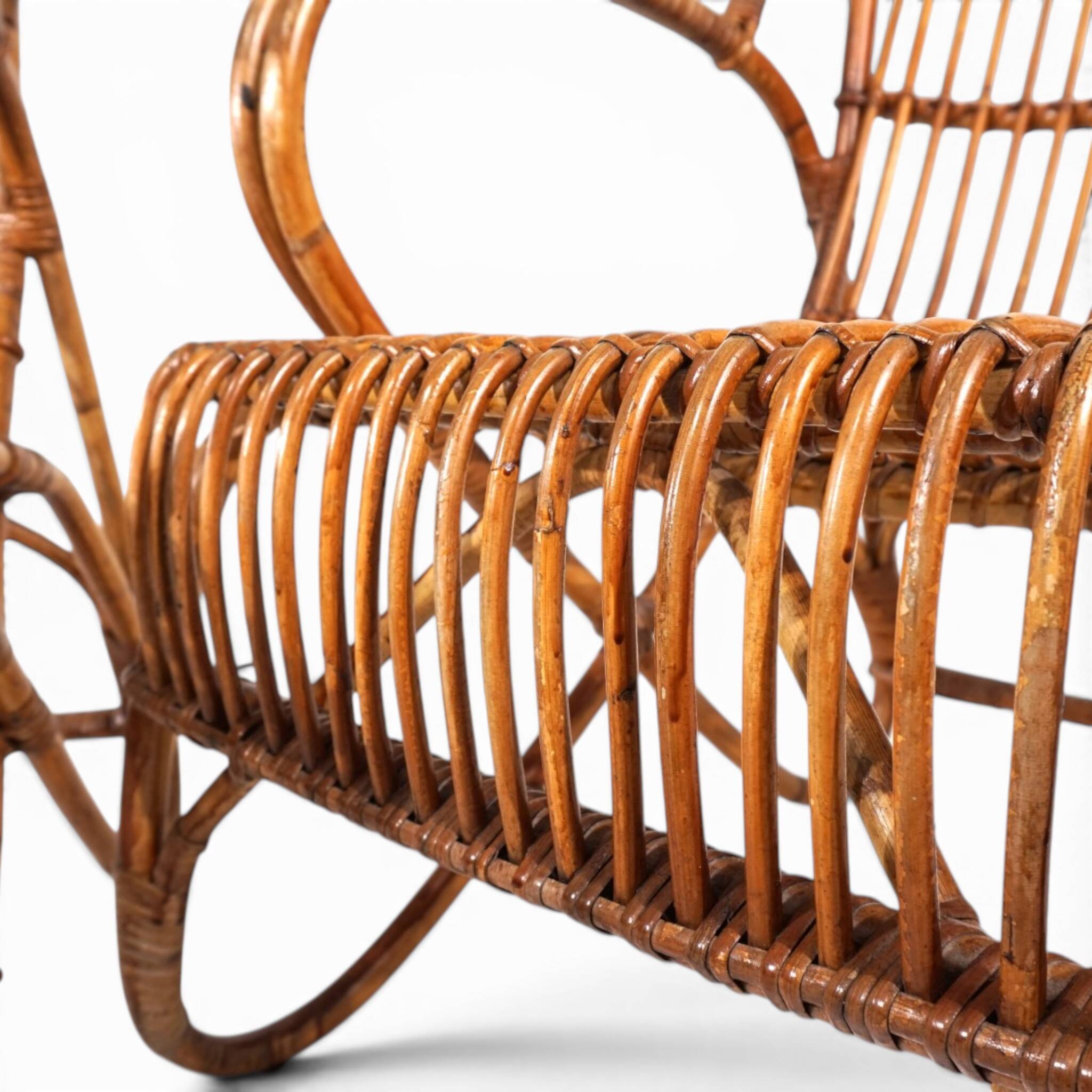 French Pair Vintage Rattan Bamboo Lounge Chairs, 1960