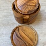 6 coasters in olive wood and their storage box