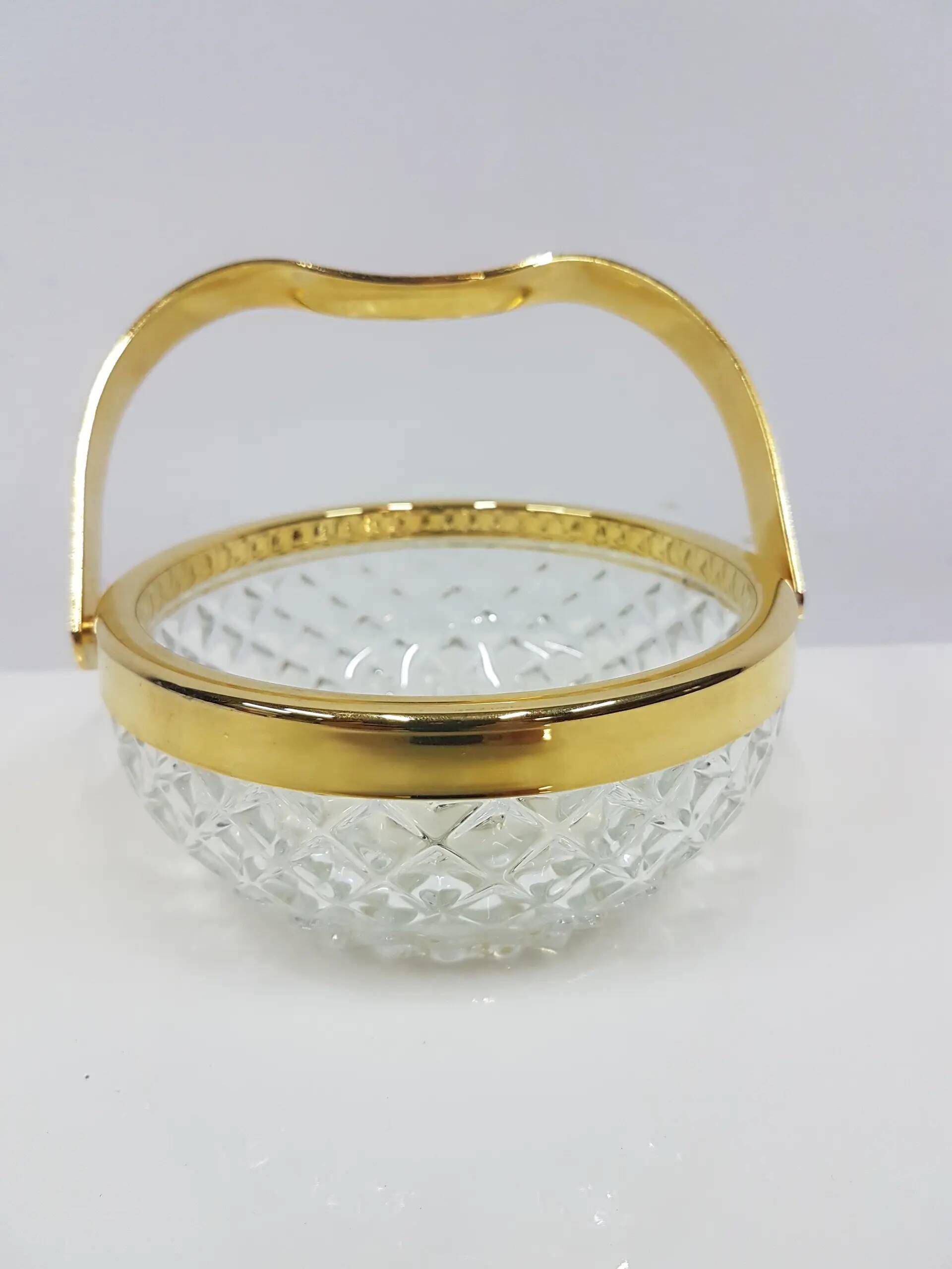 Transparent crystal basket with a gold-plated metal handle, Walther Glas, G