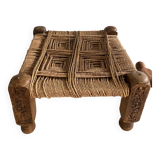 Stool in carved wood and rope from the 70s