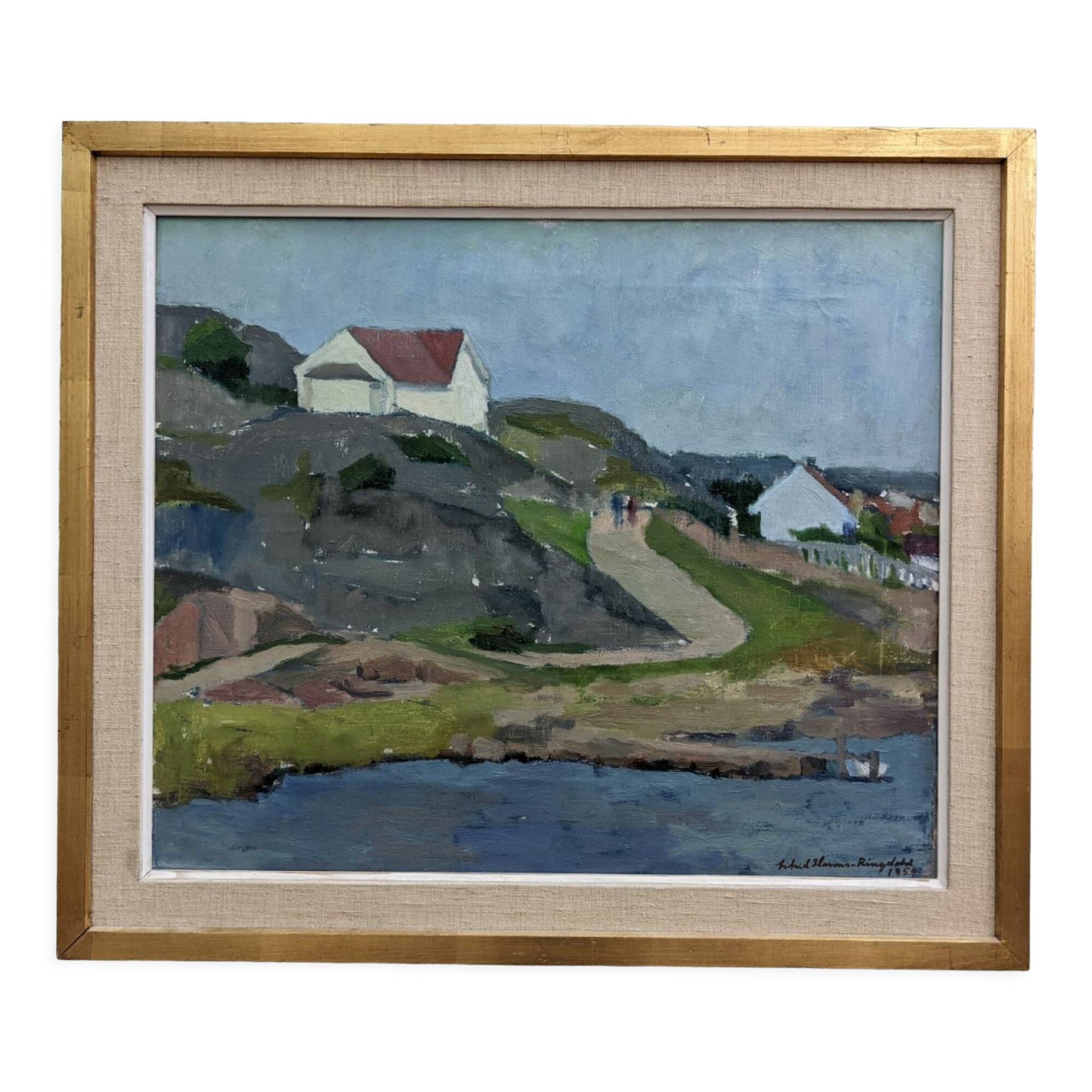 1954 Mid Century Modern Landscape Oil Painting 'Walking the Archipelago', Framed