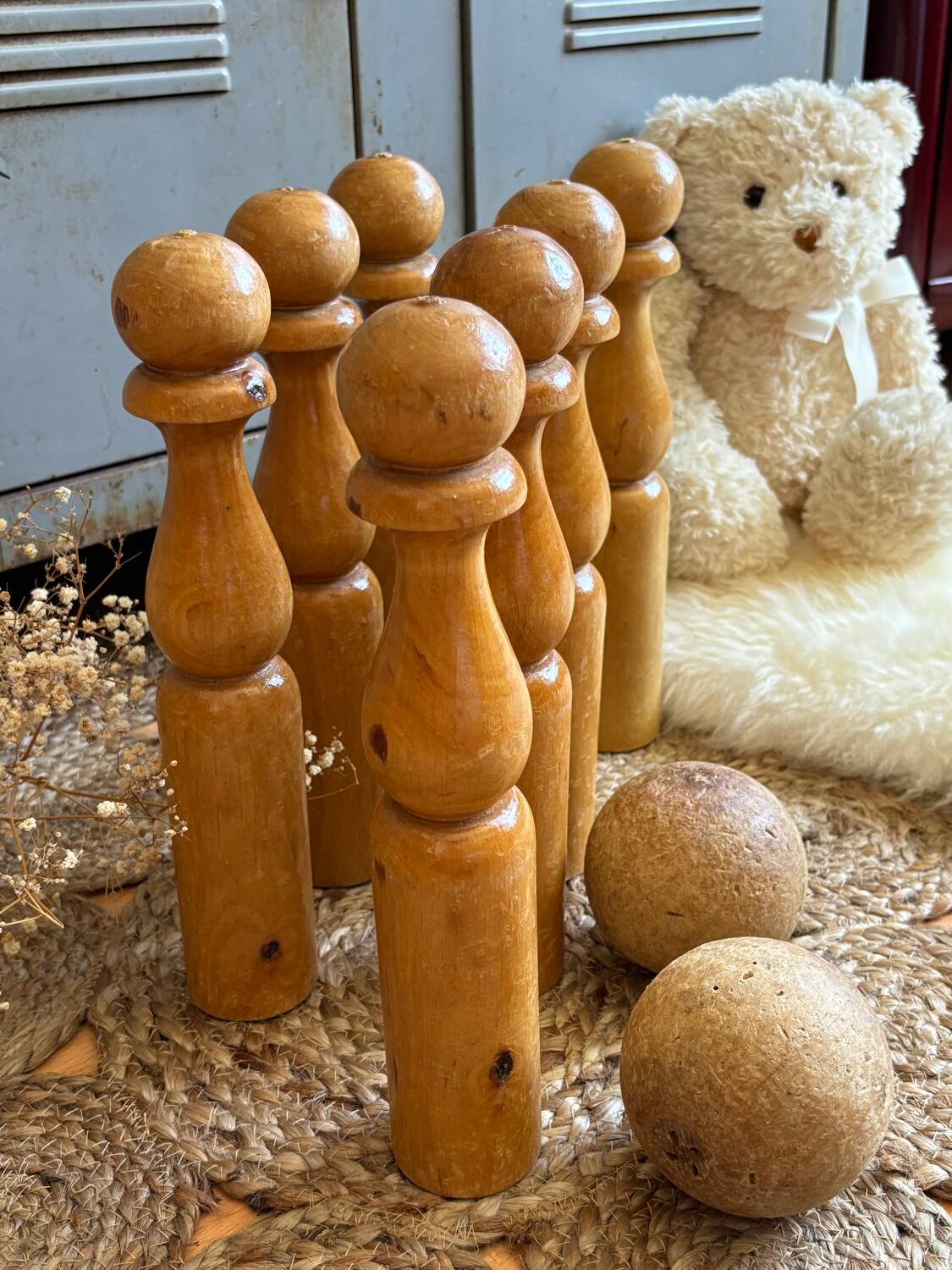 Old wooden bowling pins