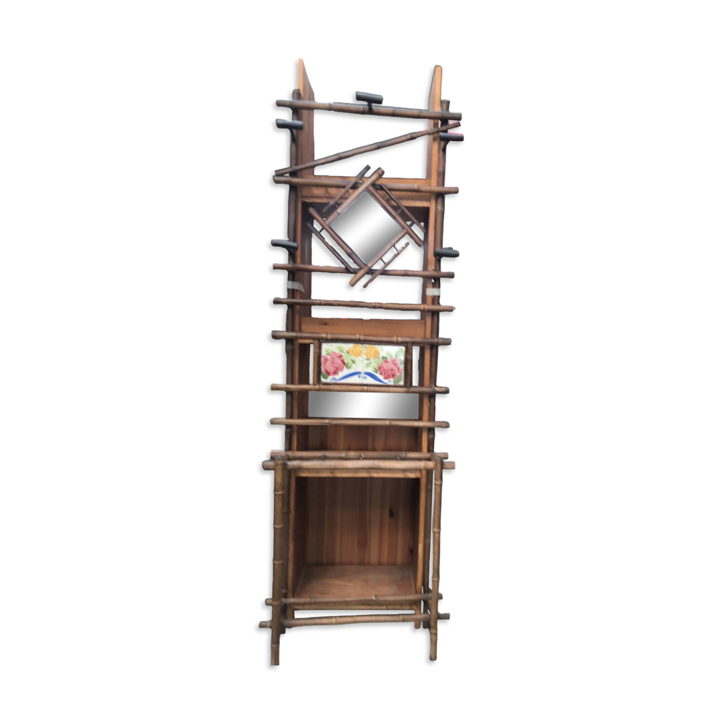 Bamboo coat rack and 1950s mirror