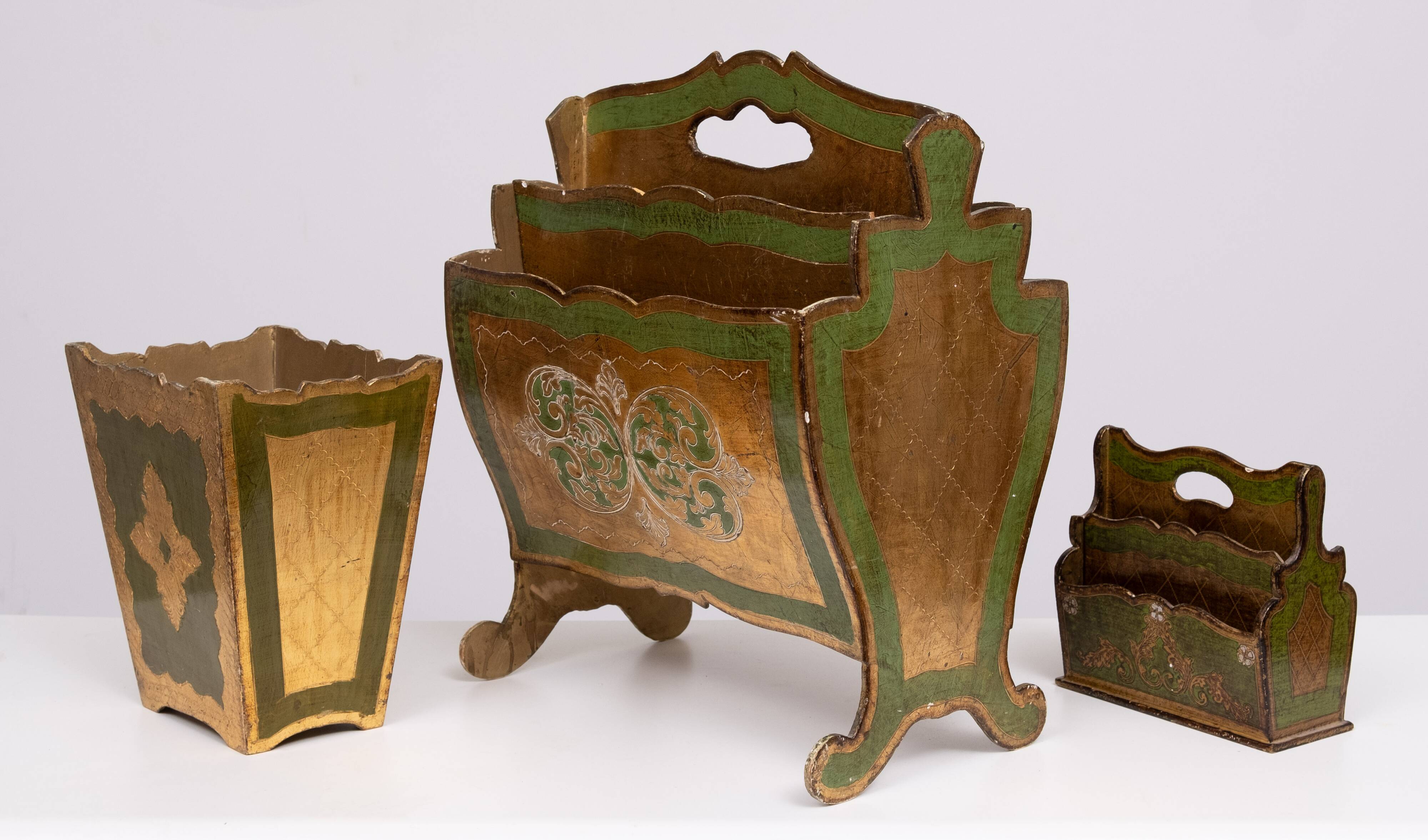 Set of 3 florentine newspaper rack, letter holder, paper basket 1960s italy