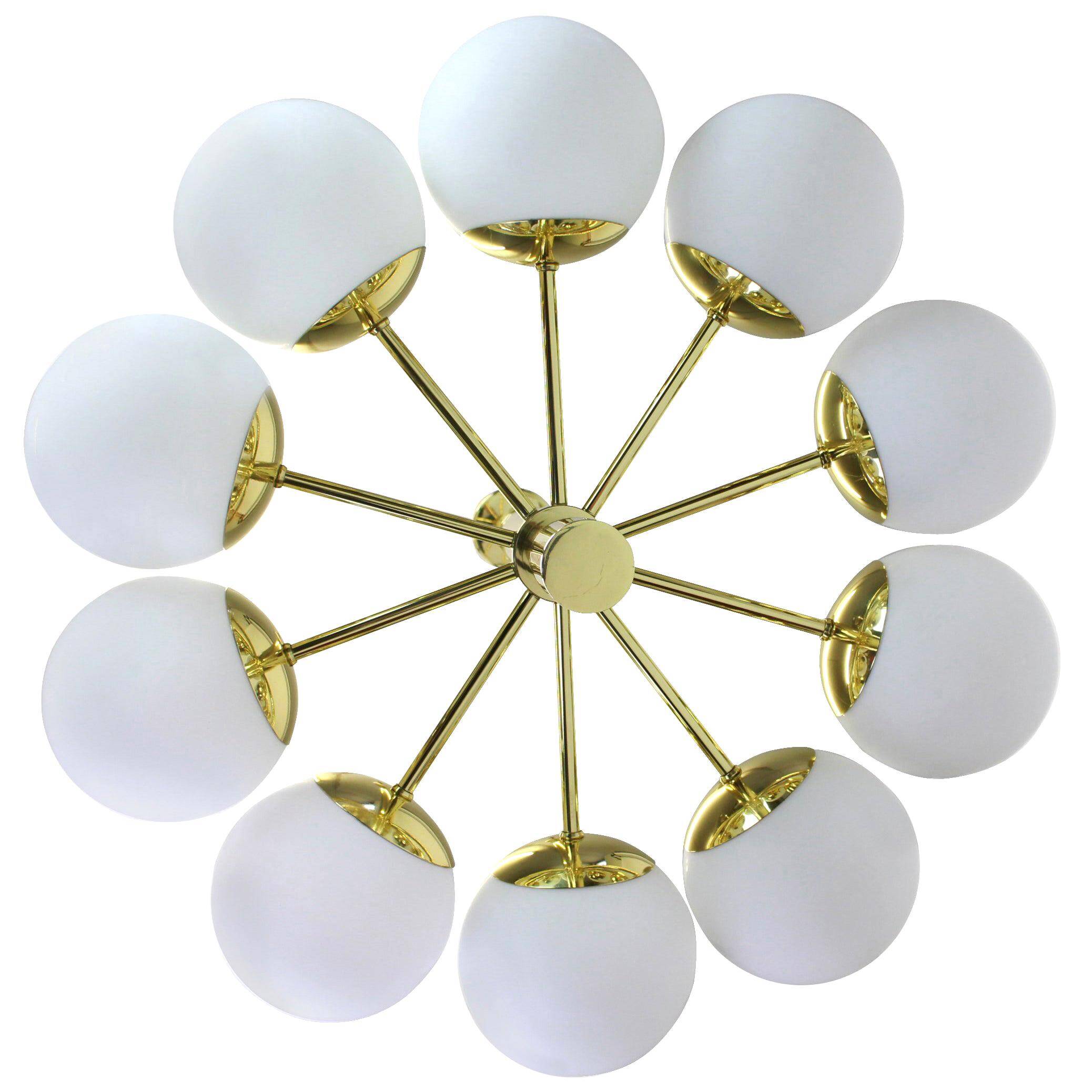 1 of 2 large splendid Kaiser Sputnik chandeliers with opal globes, Germany, 1970s