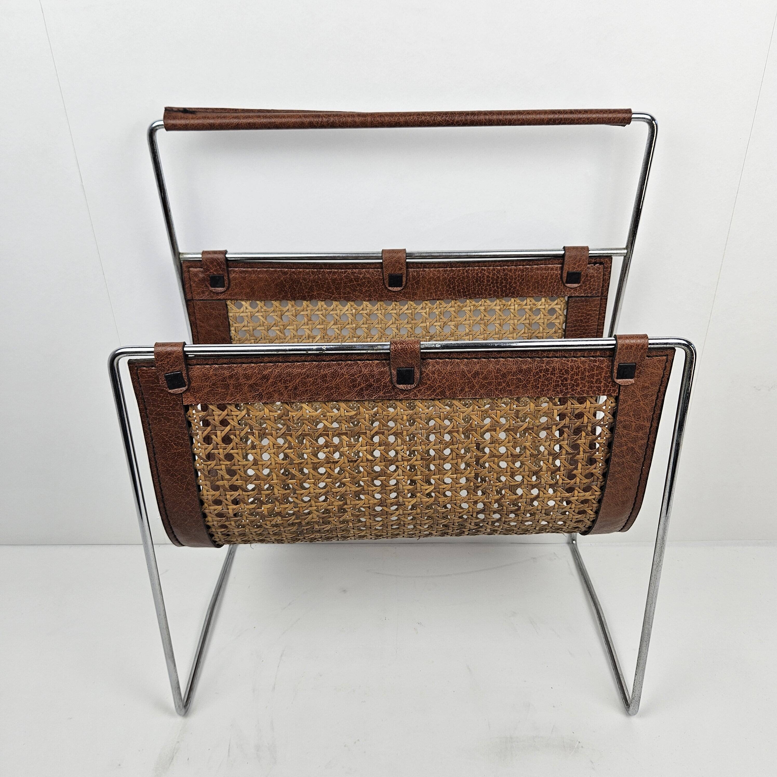 Italian Magazine Rack with Rattan, 1980's