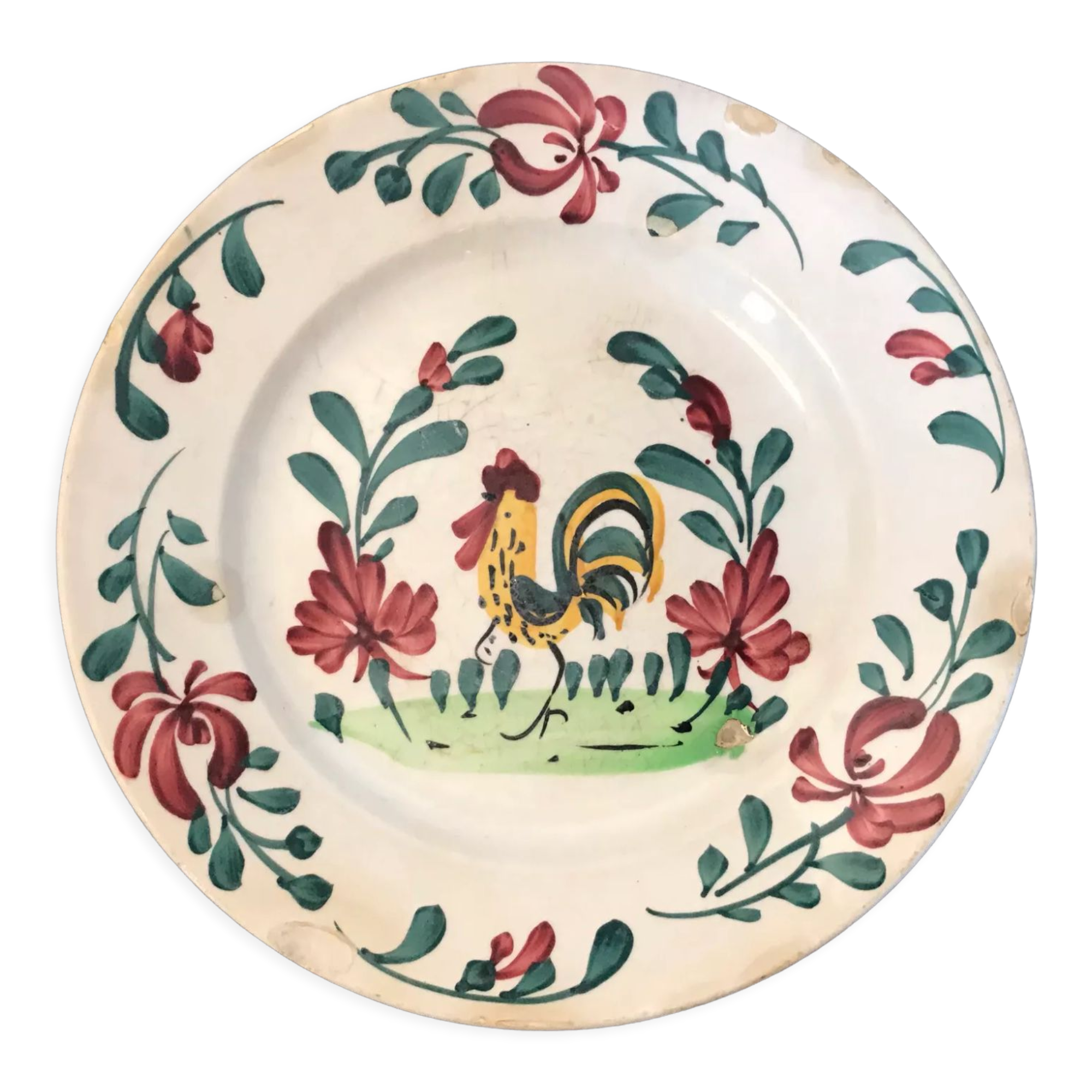 Old rooster plate and flowers earthenware Creil Montereau late nineteenth century