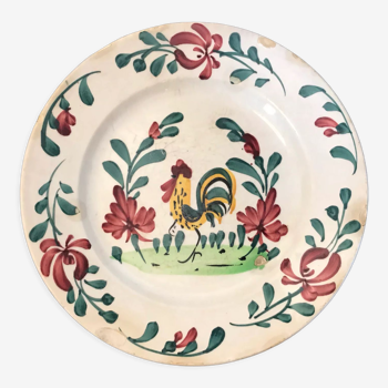 Old rooster plate and flowers earthenware Creil Montereau late nineteenth century