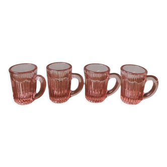 Lot de 4 verres à liqueur en verre rose vintage moulé