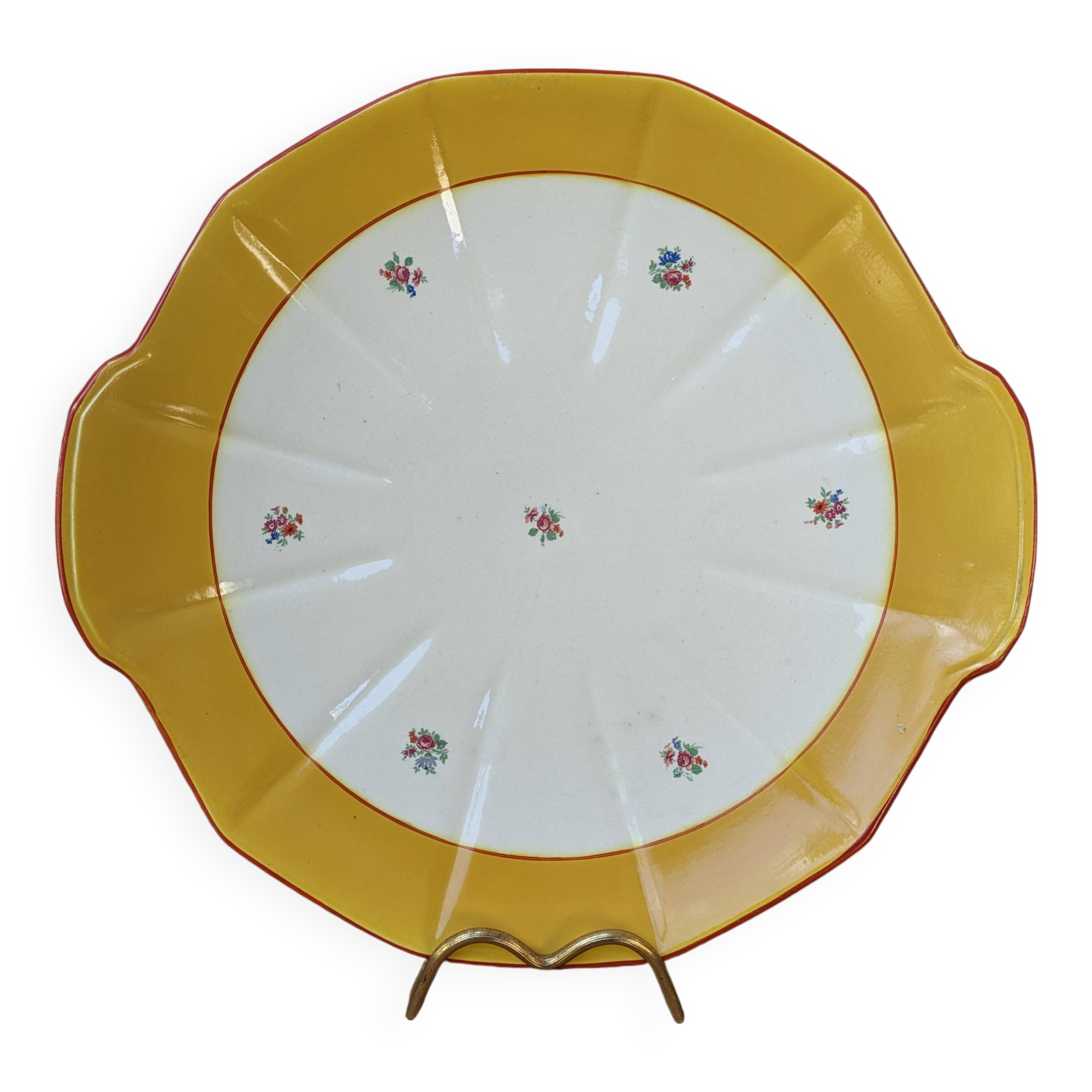 Plate with handles, ceramic serving dish with yellow border and floral decoration Sarreguemines