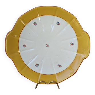Plate with handles, ceramic serving dish with yellow border and floral decoration Sarreguemines