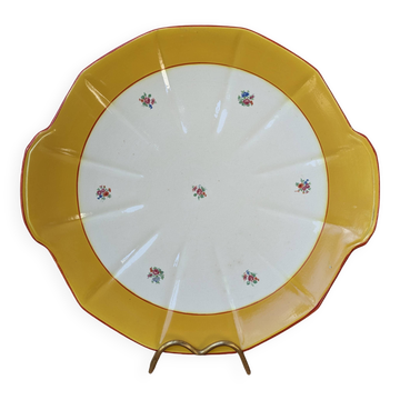 Plate with handles, ceramic serving dish with yellow border and floral decoration Sarreguemines
