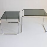Tubular steel and smoked glass side tables, set of 2