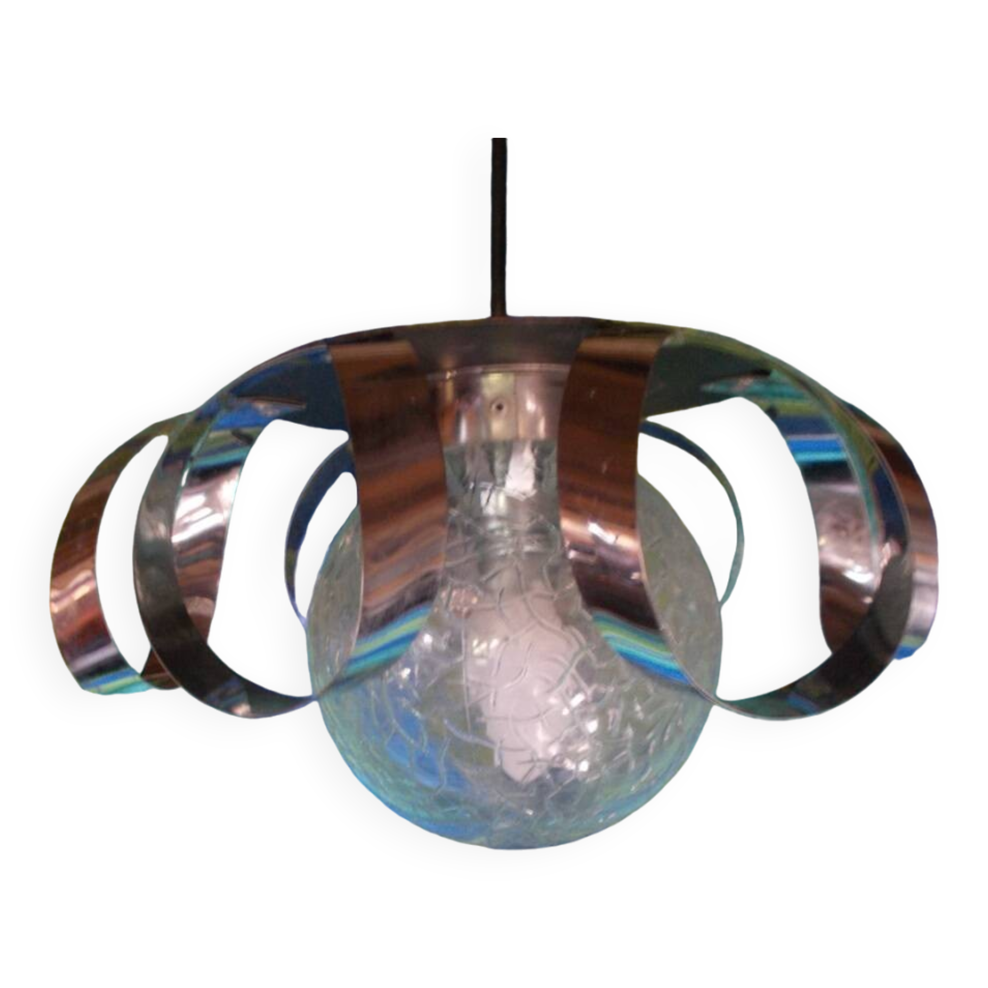 Glass and chrome metal pendant light from the 70s