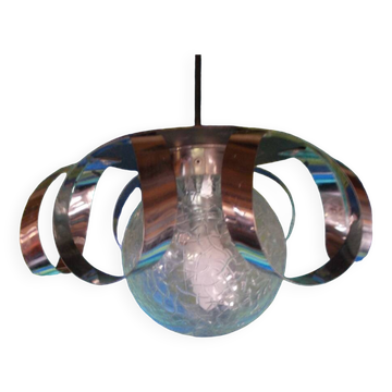 Glass and chrome metal pendant light from the 70s
