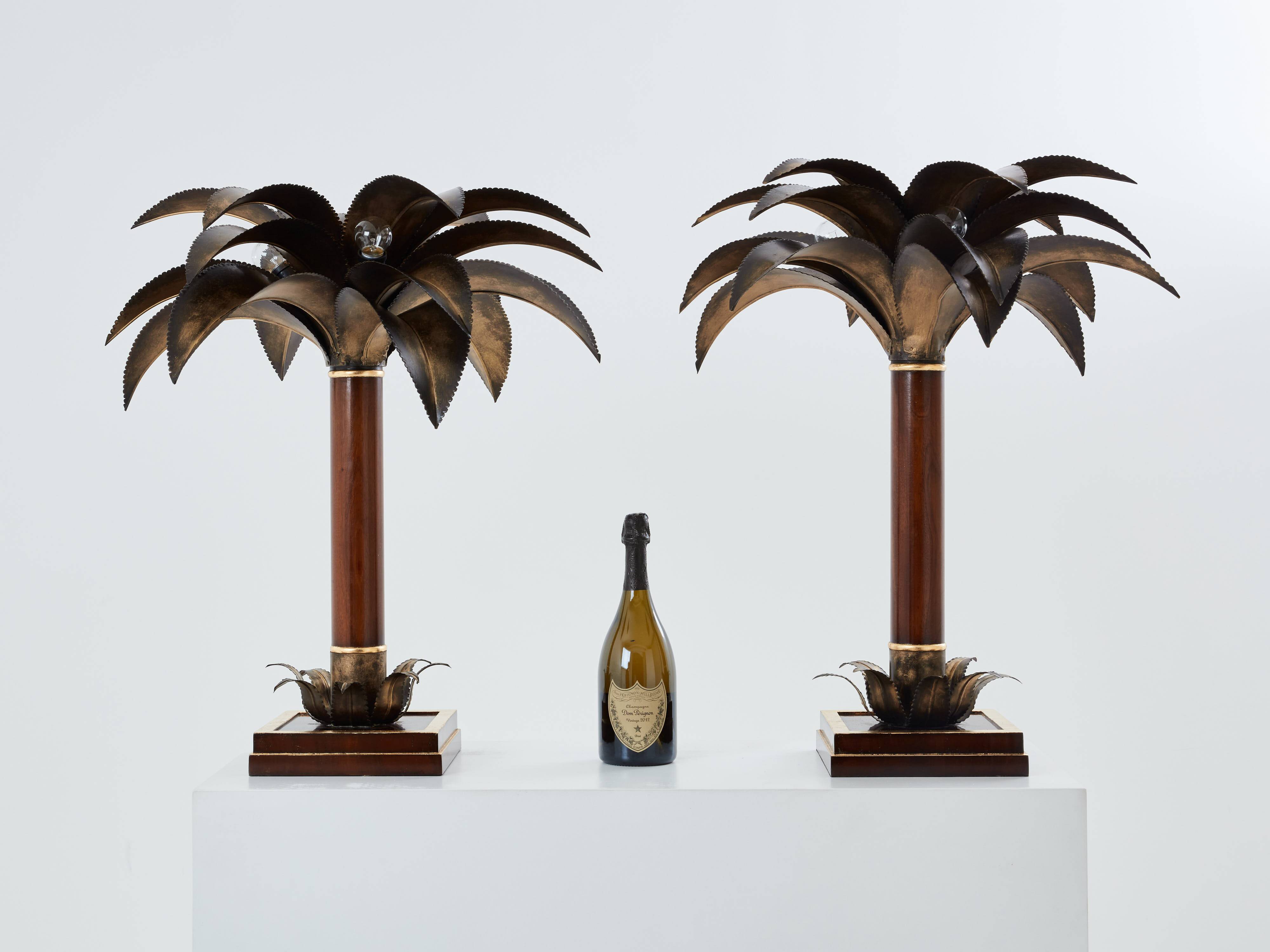 Maison Jansen style pair of bronze mahogany palm tree lamps 1960s