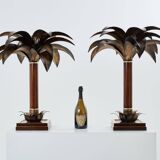 Maison Jansen style pair of bronze mahogany palm tree lamps 1960s