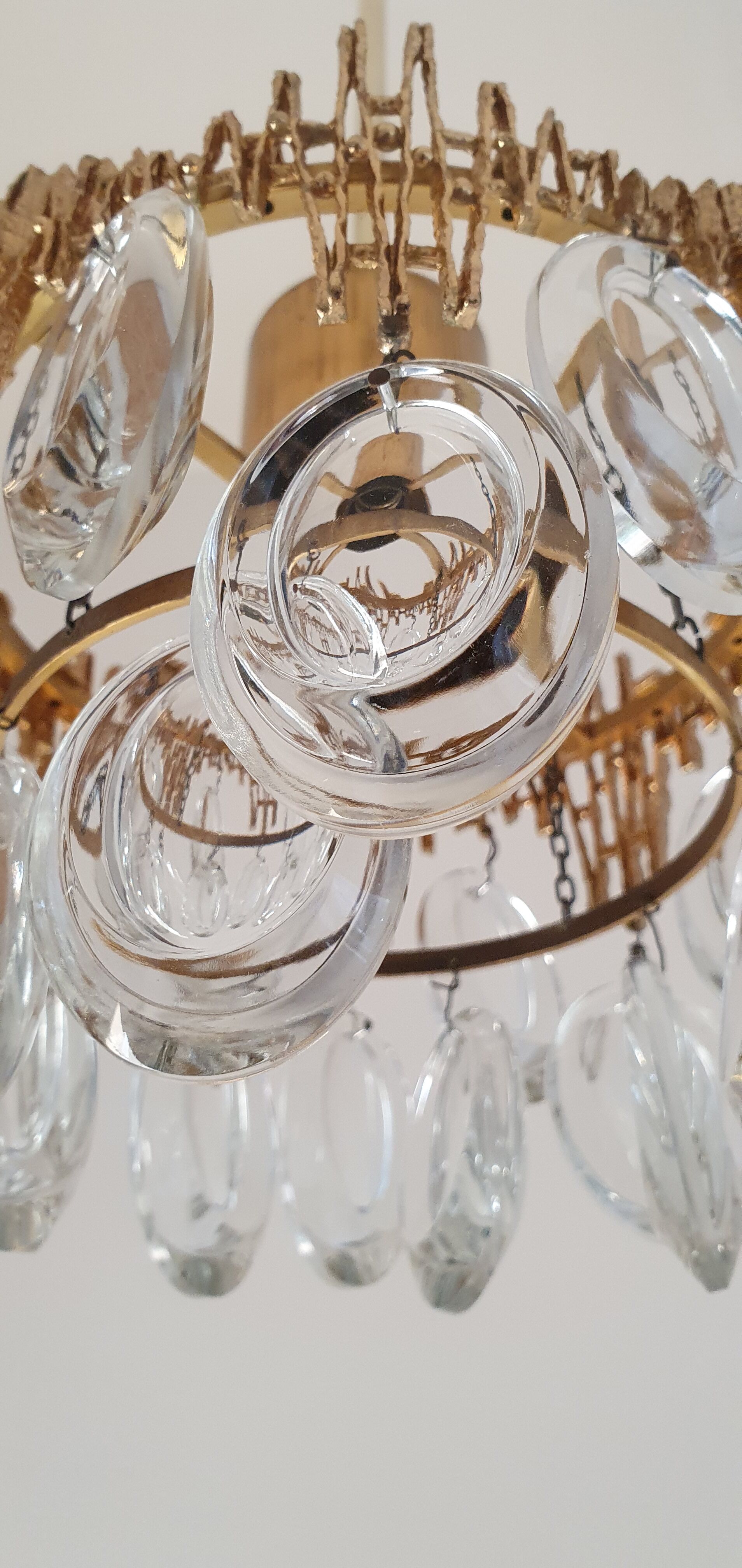 Small brass brutalist chandelier with crystal stamps